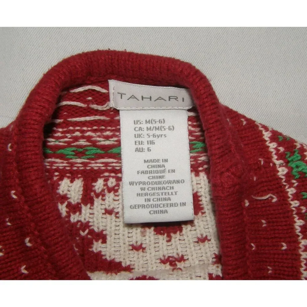 TAHARI Girl Sz Medium (5-6) Red Fair Isle Heart Reindeer Christmas Sweater Dress